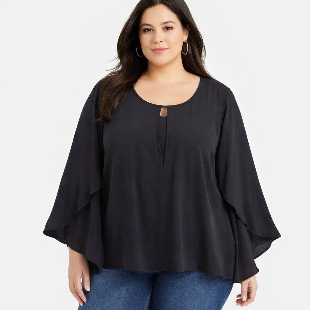 Notations Black Chiffon Flutter Sleeve Top Size 3X NWOT